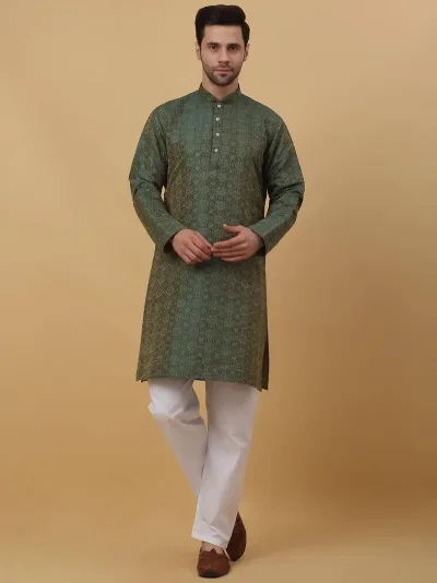 Men's Jacquard Woven Design Green Kurta With Pyjamas